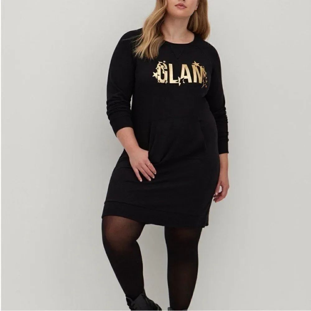 Torrid Black Glam Graphic Fleece Lined Sweater Casual Pullover Comfy Dress